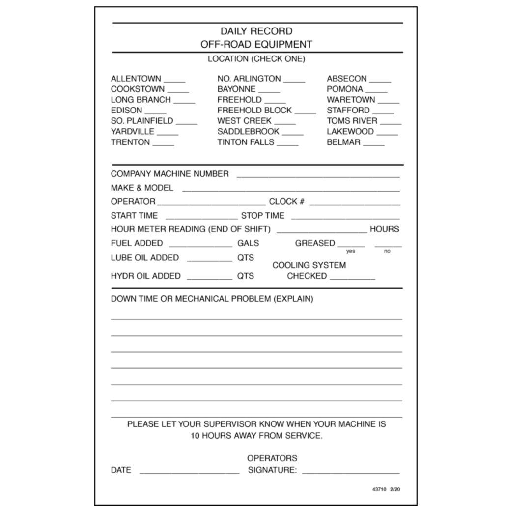 Daily Record Off-Road Equipment Ticket