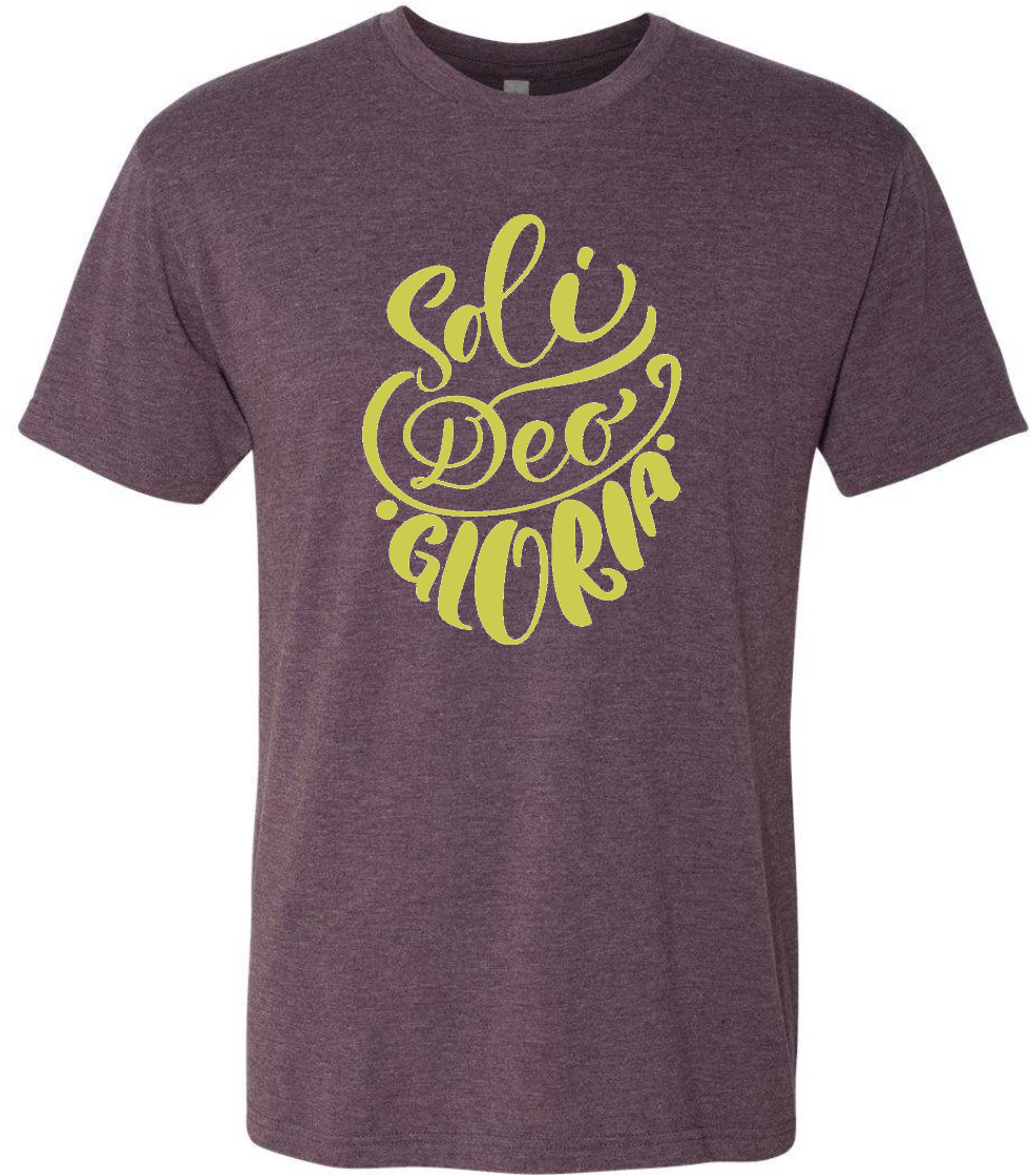 Soli Deo Gloria design in gold metallic vinyl on unisex triblend shirt
