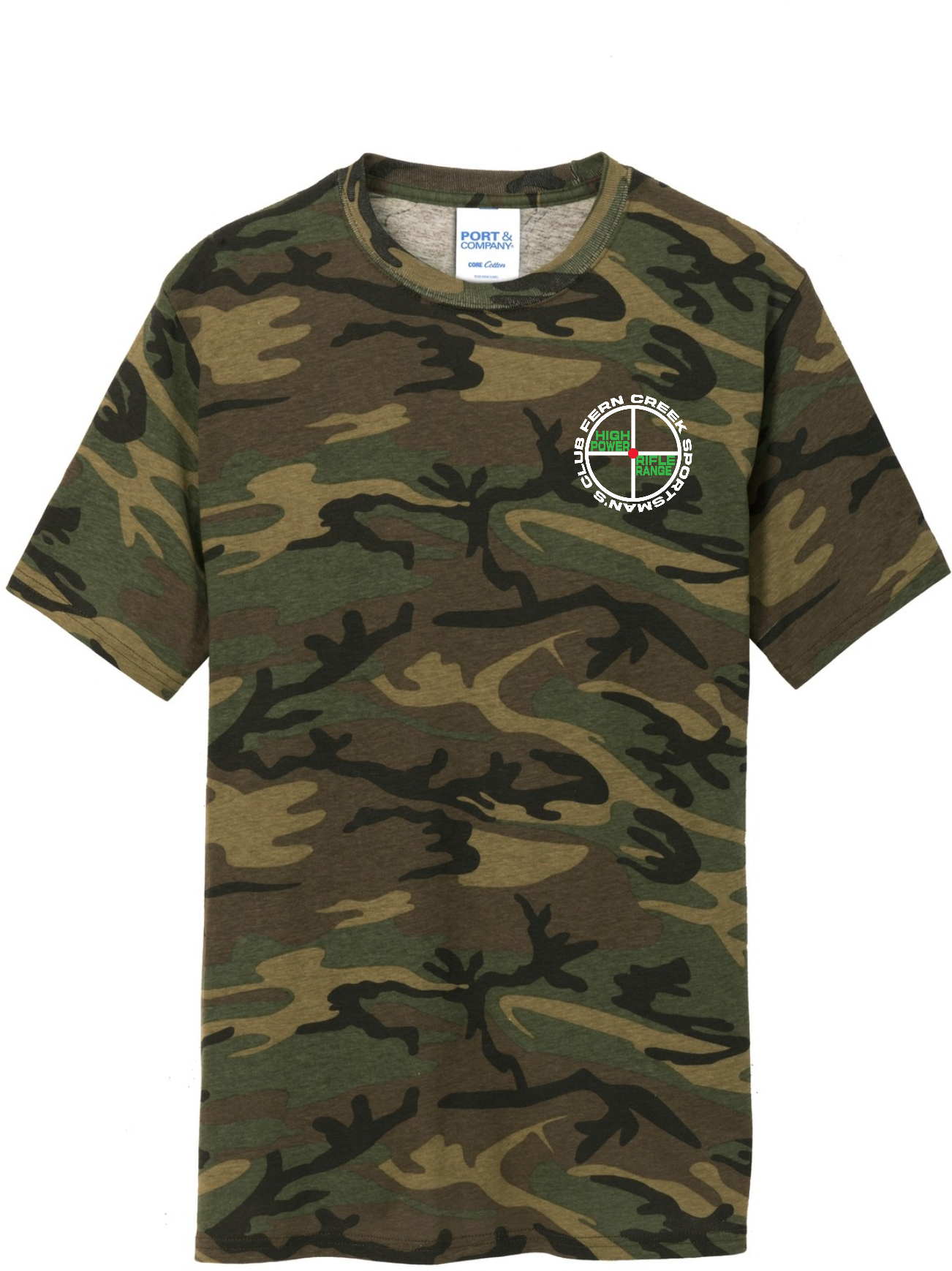 Fern Creek High Power Rifle Range - Port & Company® Core Cotton Camo Tee - PC54C (White Logo) DTF