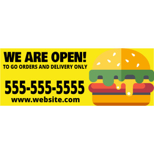 Banner, Business, COVID & Health Safety - 36 x 96 - Tags: banner, fast, food, open, orders, to go, delivery, restaurant, pickup, directions, business, food
