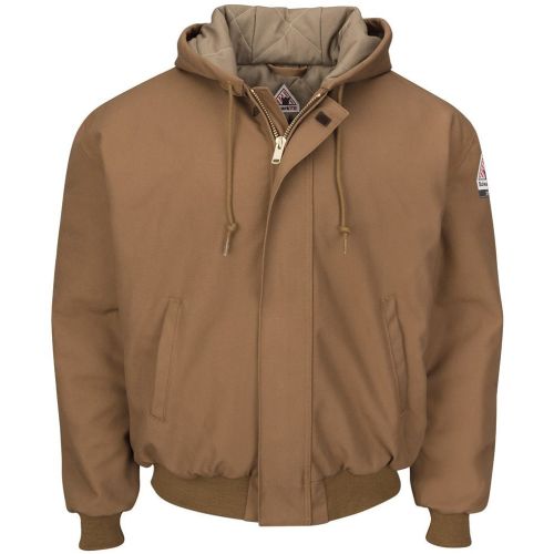 Insulated Brown Duck Hooded Jacket with Knit Trim – Long Sizes