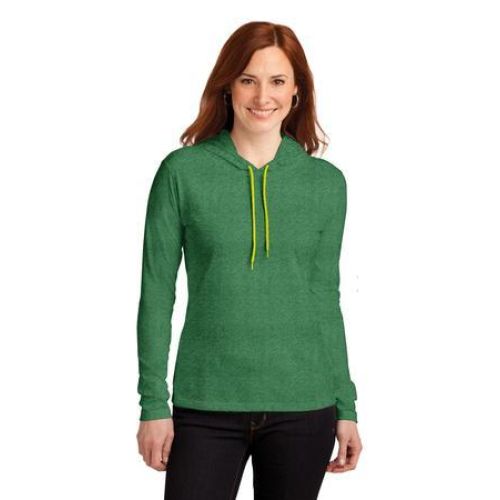 Gildan Ladies 100% Combed Ring Spun Cotton Long Sleeve Hooded T-Shirt.