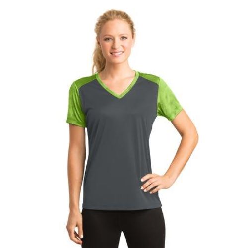 Sport-Tek Ladies CamoHex Colorblock V-Neck Tee