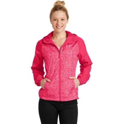 Sport-Tek Ladies Heather Colorblock Raglan Hooded Wind Jacket